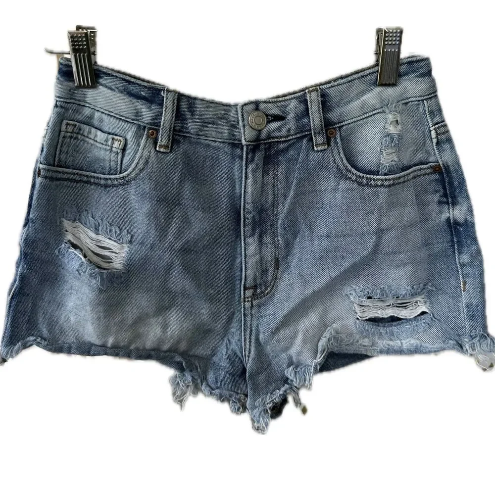 PacSun 100% Cotton High Rise Festival Distressed Raw Hem Denim Shorts 25
